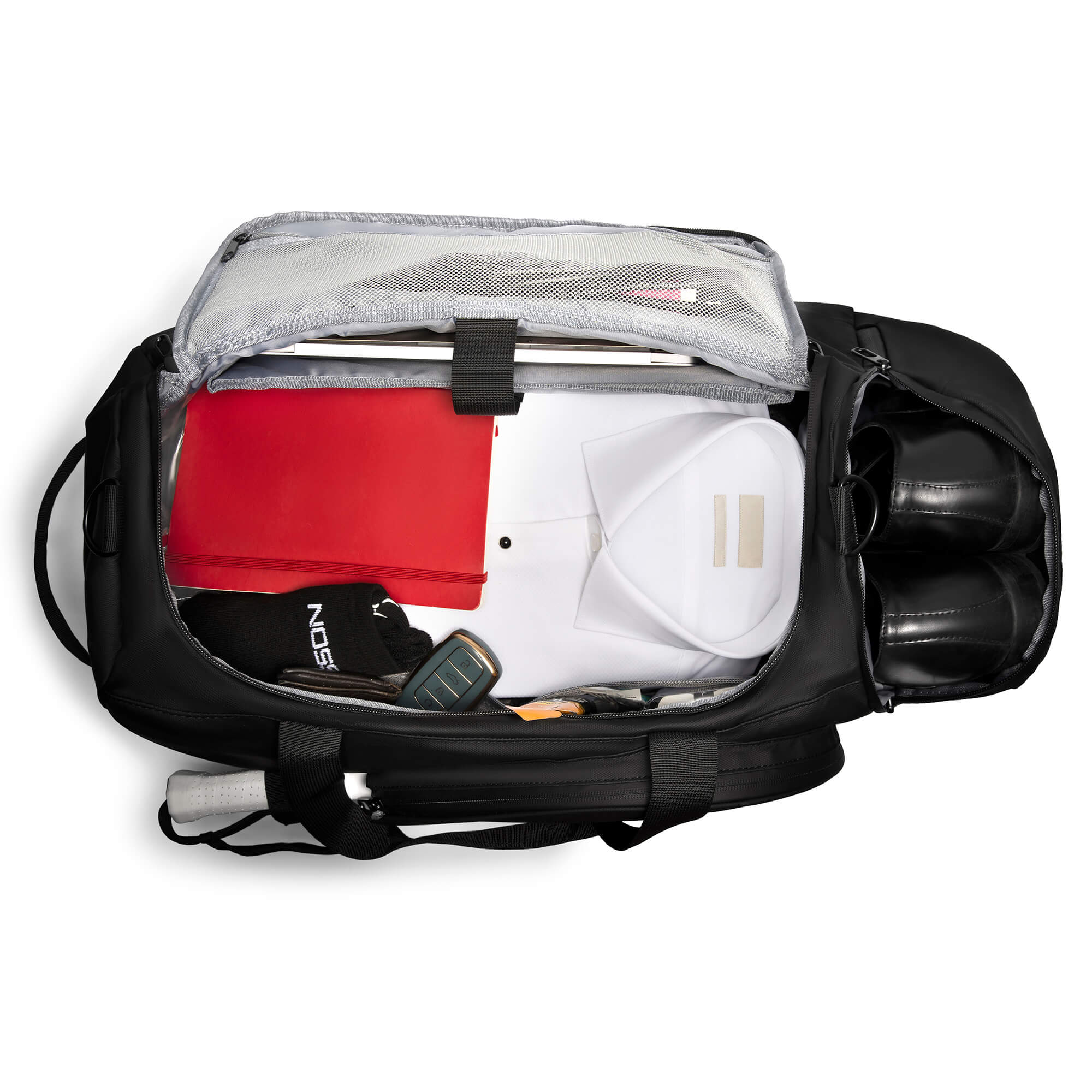 Abra a imagem da bolsa para raquete de padel NOSSA mostrando o conteúdo dentro